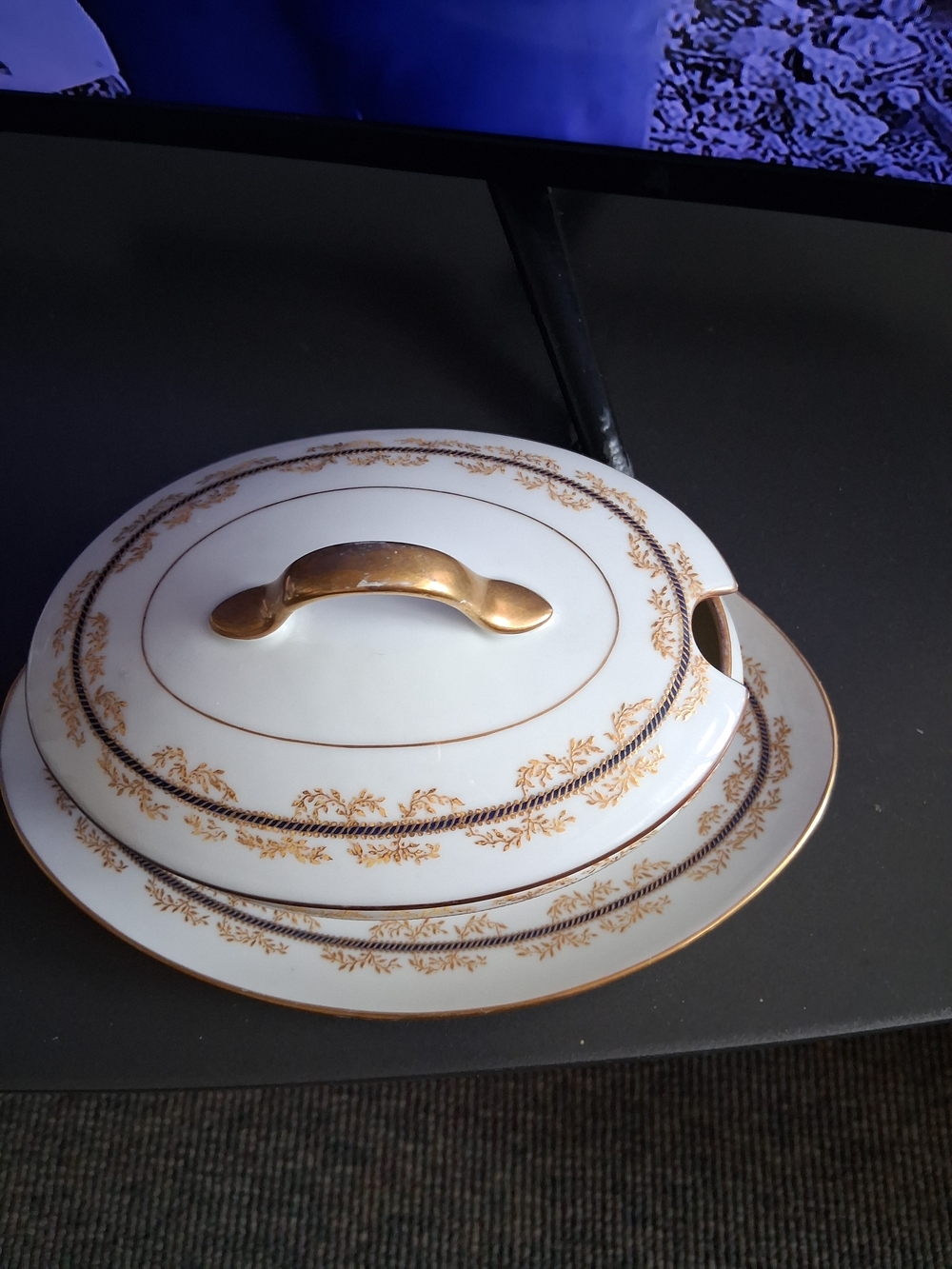 White Porcelain Covered Serving Dish with Gold Trim